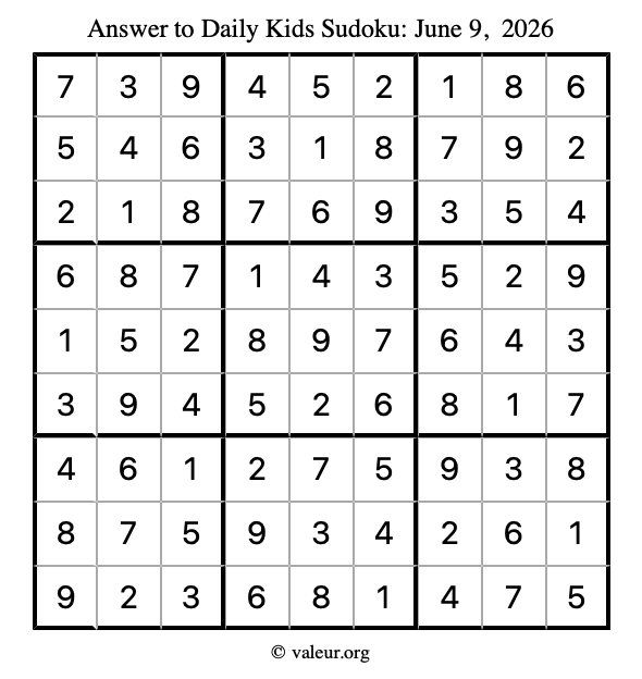 Answer to kids sudoku June 9, 2026