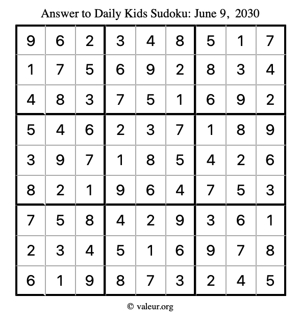 Answer to kids sudoku June 9, 2030