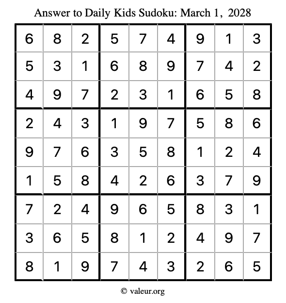 Answer to kids sudoku March 1, 2028