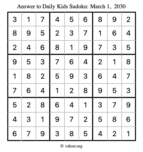 Answer to kids sudoku March 1, 2030