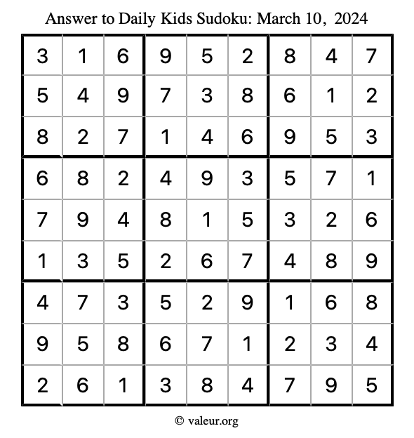 Answer to kids sudoku March 10, 2024