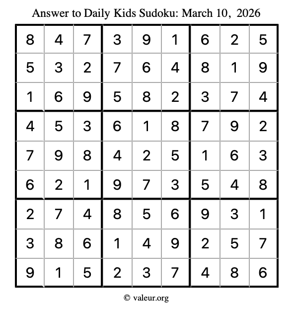 Answer to kids sudoku March 10, 2026