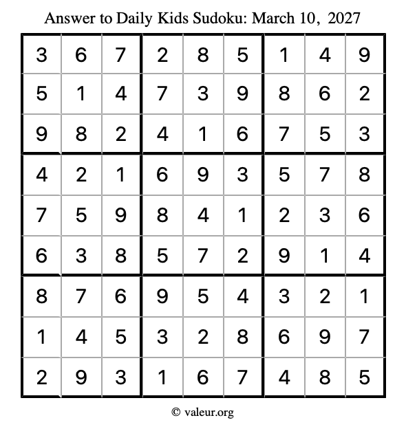 Answer to kids sudoku March 10, 2027