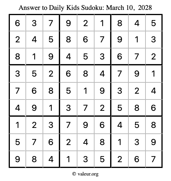 Answer to kids sudoku March 10, 2028
