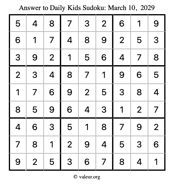 Answer to kids sudoku March 10, 2029