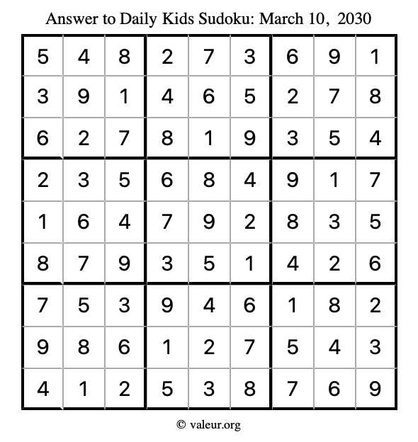 Answer to kids sudoku March 10, 2030