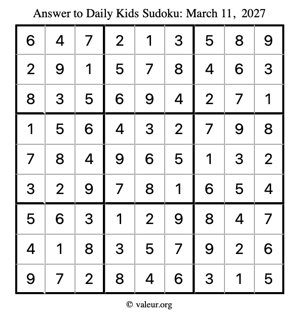 Answer to kids sudoku March 11, 2027