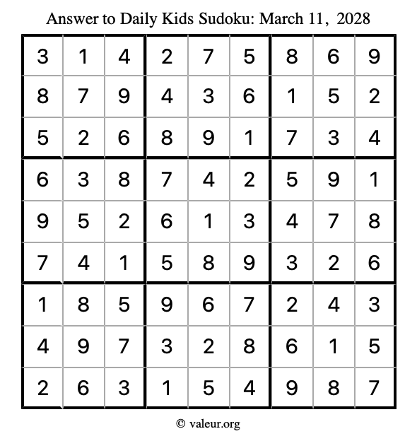 Answer to kids sudoku March 11, 2028
