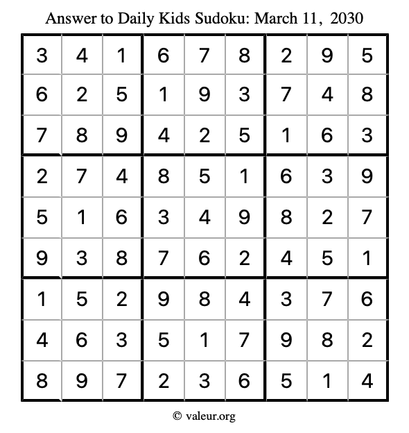 Answer to kids sudoku March 11, 2030