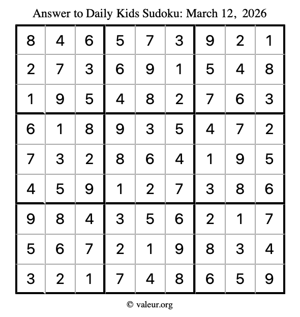Answer to kids sudoku March 12, 2026