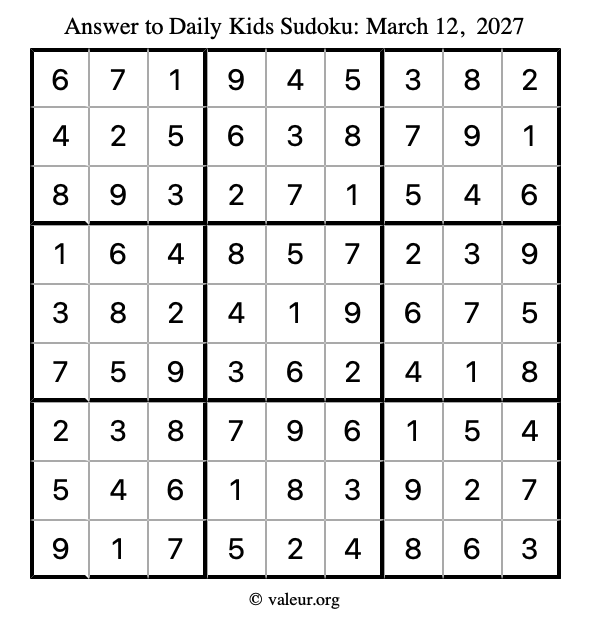 Answer to kids sudoku March 12, 2027