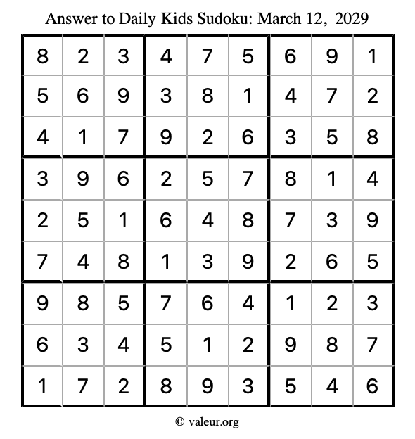 Answer to kids sudoku March 12, 2029
