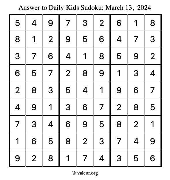 Answer to kids sudoku March 13, 2024