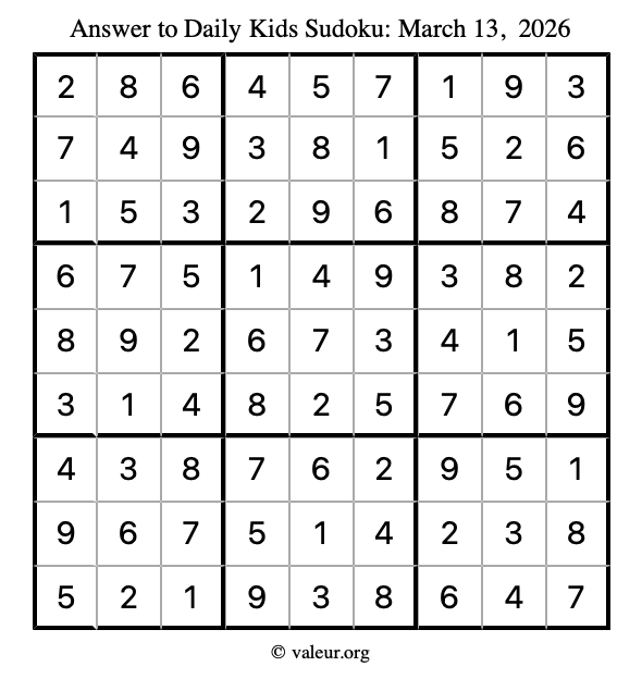Answer to kids sudoku March 13, 2026
