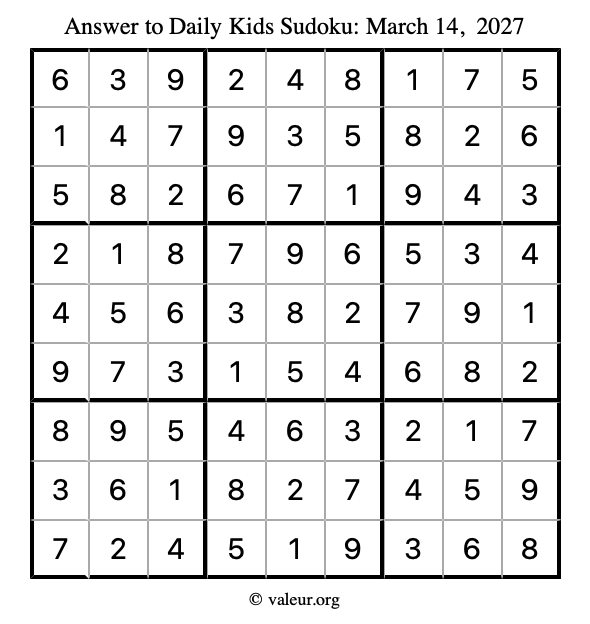 Answer to kids sudoku March 14, 2027