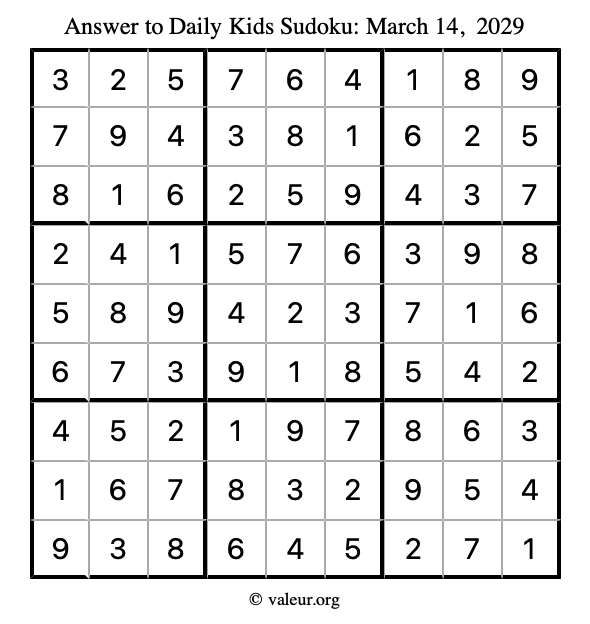 Answer to kids sudoku March 14, 2029