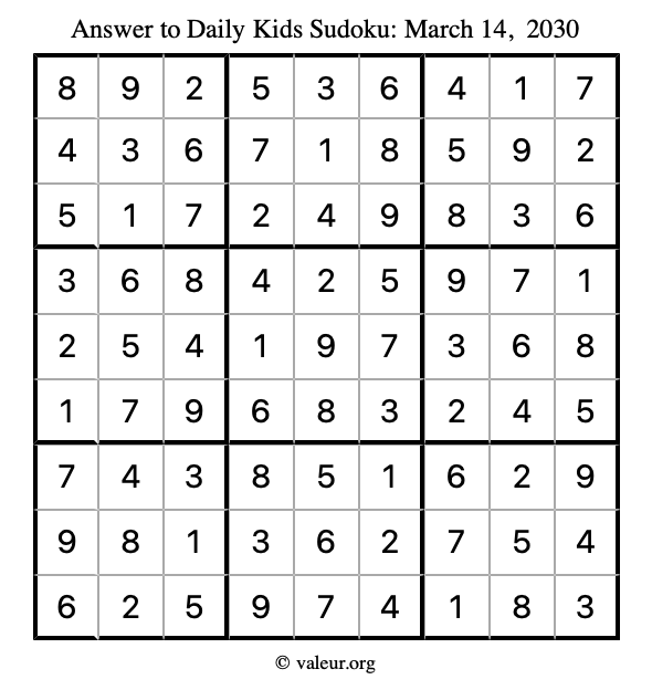 Answer to kids sudoku March 14, 2030