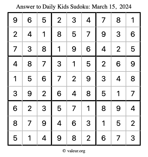 Answer to kids sudoku March 15, 2024