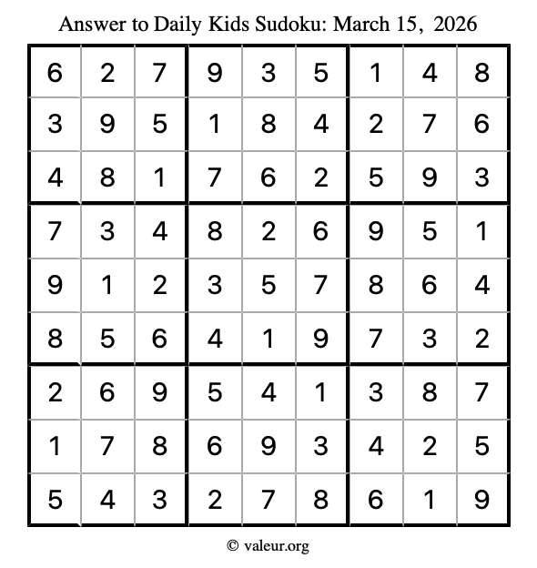Answer to kids sudoku March 15, 2026