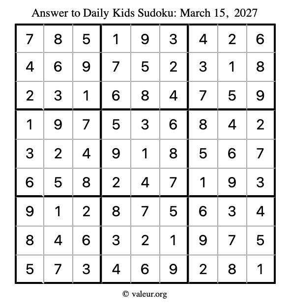 Answer to kids sudoku March 15, 2027