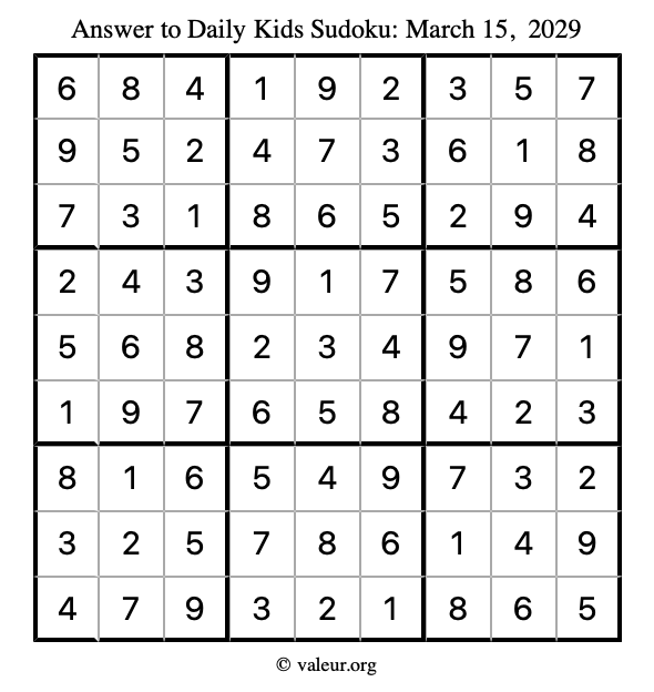 Answer to kids sudoku March 15, 2029