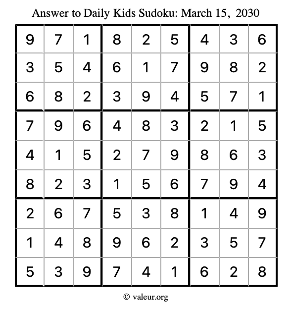 Answer to kids sudoku March 15, 2030