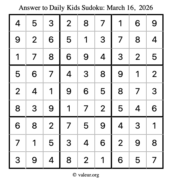 Answer to kids sudoku March 16, 2026