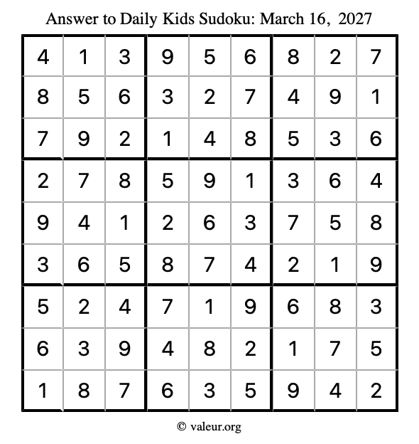 Answer to kids sudoku March 16, 2027