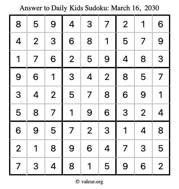 Answer to kids sudoku March 16, 2030