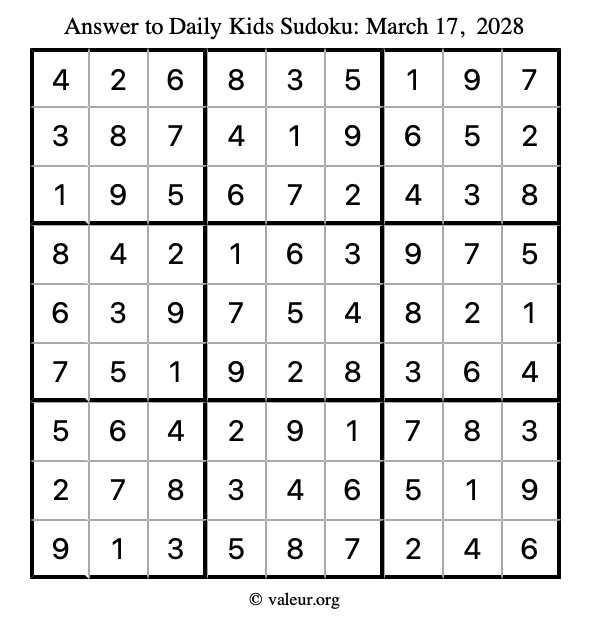 Answer to kids sudoku March 17, 2028