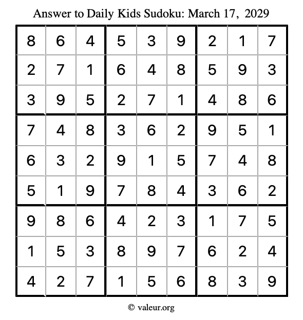 Answer to kids sudoku March 17, 2029