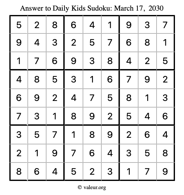 Answer to kids sudoku March 17, 2030