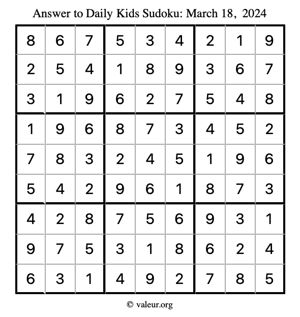 Answer to kids sudoku March 18, 2024