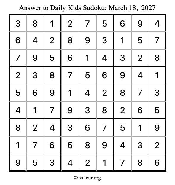 Answer to kids sudoku March 18, 2027