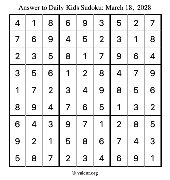 Answer to kids sudoku March 18, 2028