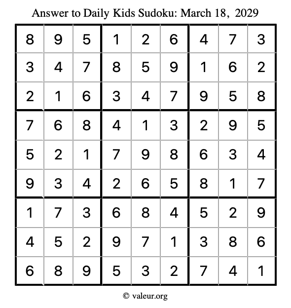 Answer to kids sudoku March 18, 2029