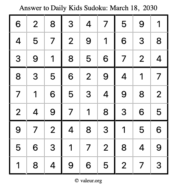 Answer to kids sudoku March 18, 2030