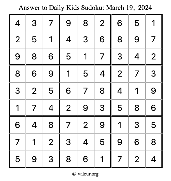 Answer to kids sudoku March 19, 2024