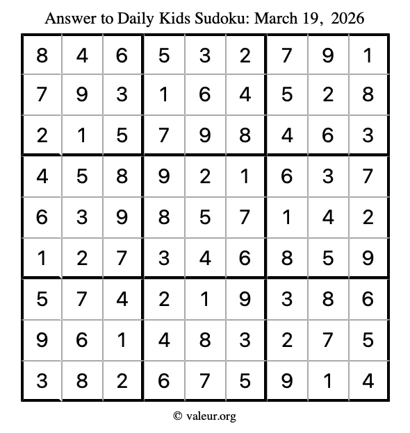 Answer to kids sudoku March 19, 2026