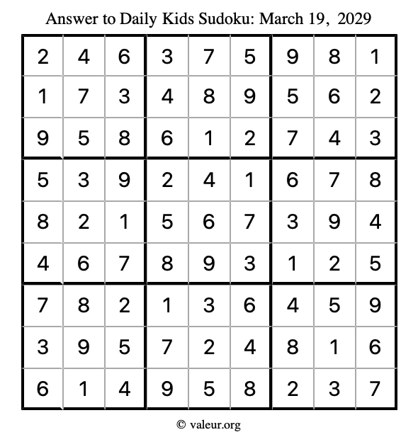 Answer to kids sudoku March 19, 2029