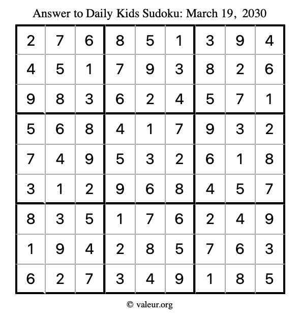 Answer to kids sudoku March 19, 2030
