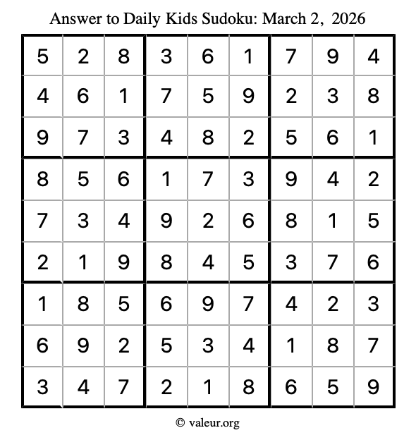Answer to kids sudoku March 2, 2026