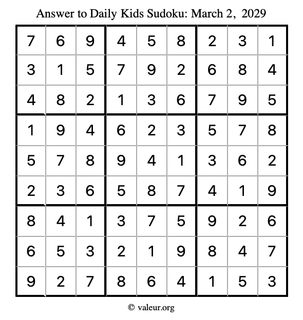 Answer to kids sudoku March 2, 2029