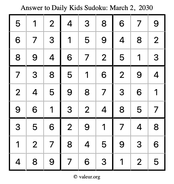 Answer to kids sudoku March 2, 2030