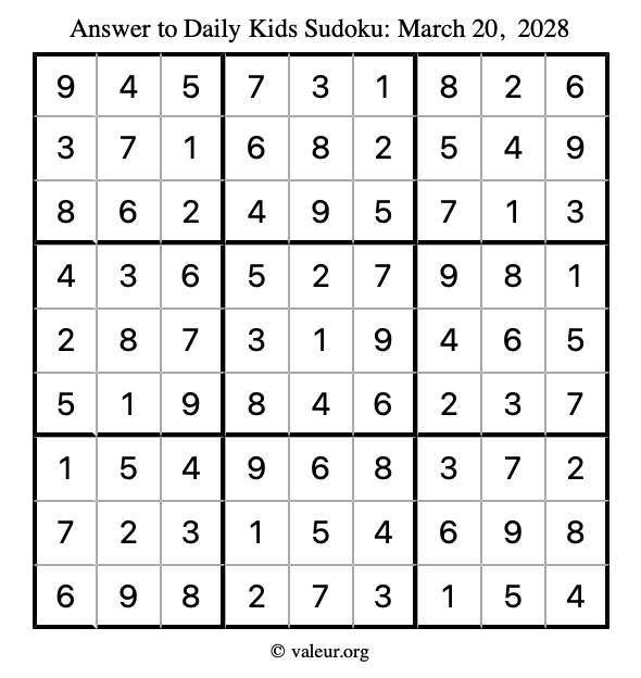 Answer to kids sudoku March 20, 2028