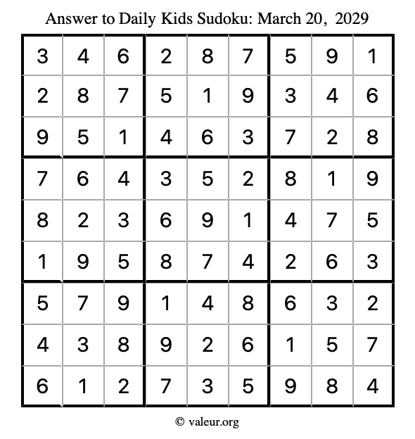 Answer to kids sudoku March 20, 2029