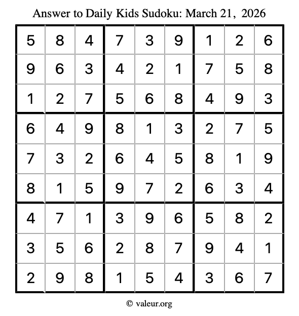 Answer to kids sudoku March 21, 2026