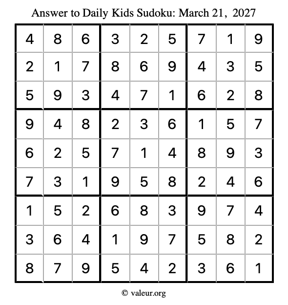 Answer to kids sudoku March 21, 2027