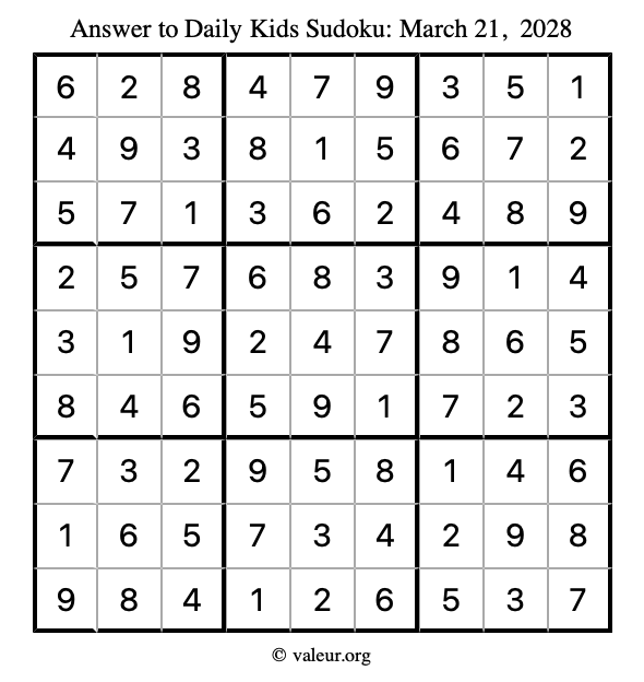 Answer to kids sudoku March 21, 2028