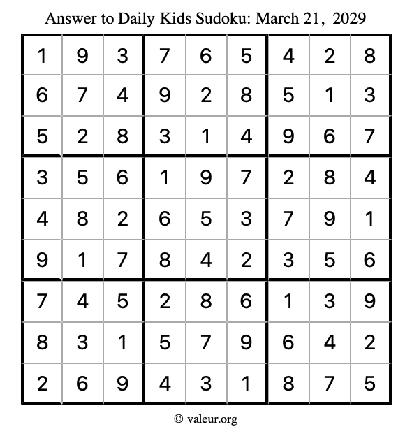 Answer to kids sudoku March 21, 2029
